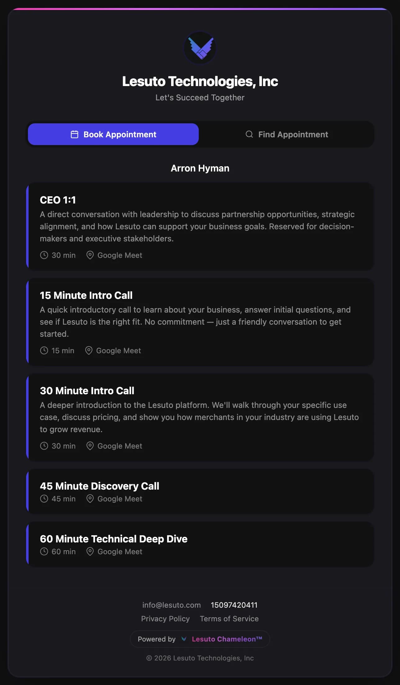 Lesuto Connect branded booking page on desktop